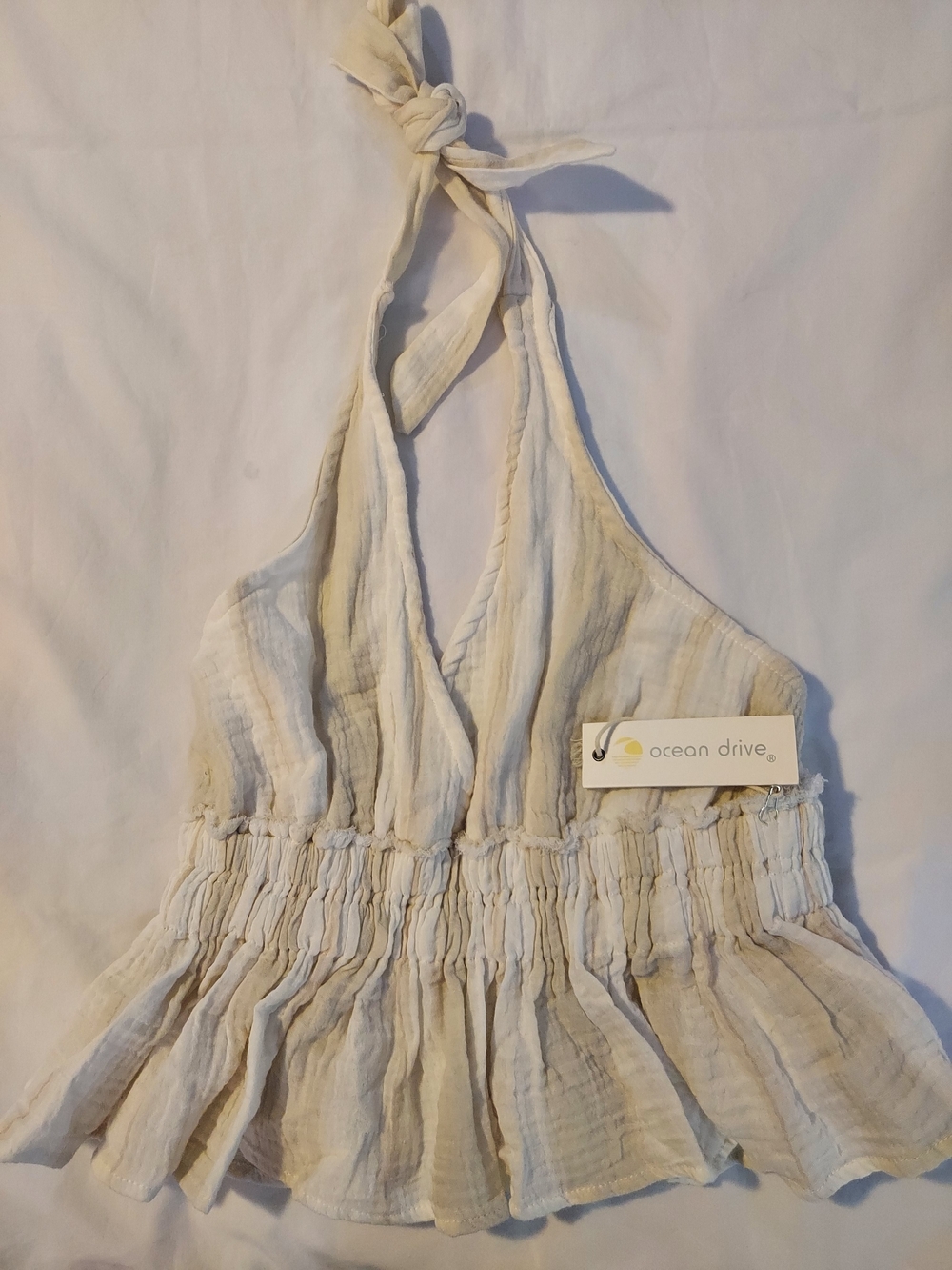 Ocean Drive Cotton Boho Cream Striped Halter Peplum Top